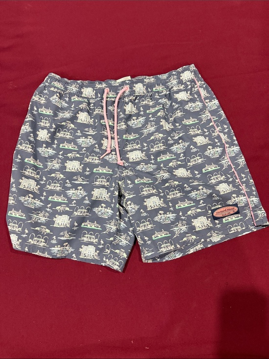 Vineyard Vines Other - Vineyard Vines Navy Patterned Swim Trunks with Pink Trim